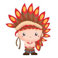 Cute Culture Traditional Native American Indians Boy Kids Symbol Cartoon Illustration Clipart Sticker vector