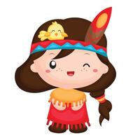 Cute Culture Traditional Native American Indians Girl Kids Symbol Cartoon Illustration Clipart Sticker vector