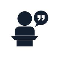 Silhouette icon of a person giving a speech and a balloon with double quotation marks. vector