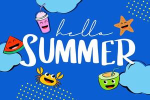Hello summer camp poster design with fun cartoon characters. vector