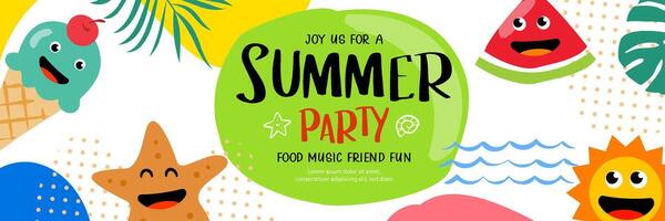 Summer party poster with funny character background. vector