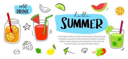 Hola verano con frío bebida en garabatos estilo antecedentes. verano pancartas diseño mano dibujado estilo. vector