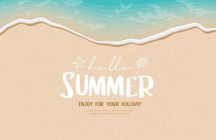 Hello summer with soft waves and foam on the sandy beach. Summer greeting card. vector