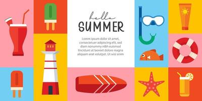 Hola verano póster y pancartas diseño. verano con objetos elementos antecedentes. vector