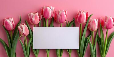 rosado tulipán tarjeta Bosquejo flatlay diseño, ai foto