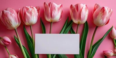 rosado tulipán tarjeta Bosquejo flatlay diseño, ai foto