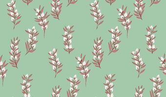 Abstract, artistic branches with tiny buds flowers and small leaves scattered randomly in a seamless pattern. Pastel mint background with creative floral stems printing. hand drawing sketch. vector