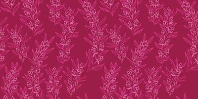 Abstract, artistic branches with tiny buds flowers and small leaves intertwined in a seamless pattern. Monotone burgundy printing with creative floral stems. hand drawing sketch. Template for designs vector