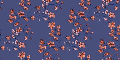 Abstract artistic wild floral stems seamless pattern on a blue background. Colorful blooming branches with tiny flowers, bells, leaves intertwined in printing. hand drawn.Template for design, fabric vector