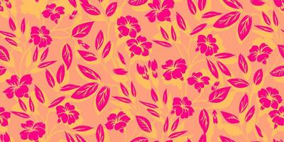 Summer plain seamless pattern with wild silhouettes floral stems. hand drawing. Colorful printing with branches abstract pink flowers, buds, leaves on a orange peach background. Nature ornament vector