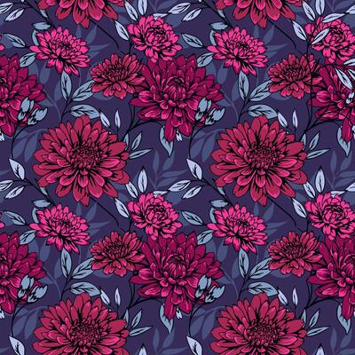 Abstract artistic large chrysanthemum dahlia peonies flowers and leaves seamless pattern on a dark background. hand drawing. Blooming ornate floral meadow printing. Template for designs