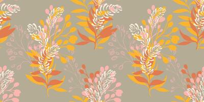 Abstract artistic bouquet with branches, leaves, unique forms seamless pattern. hand drawing illustration. Pastel olive printing with creative shapes leaf stems. Template for designs vector