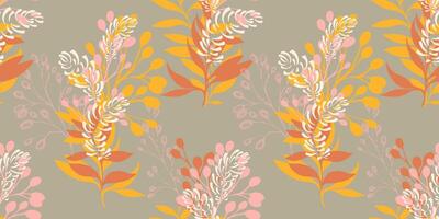 Abstract artistic bouquet with branches, leaves, unique forms seamless pattern. hand drawing illustration. Pastel olive printing with creative shapes leaf stems. Template for designs vector