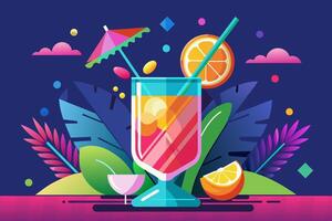 Refreshing tropical cocktail against blue background. Vibrant drink in floral setting. Concept of summer drinks, refreshing beverages, exotic cocktails, leisure. Graphic illustration vector
