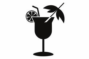 Silhouette design of a tropical cocktail glass with umbrella decoration. Icon of beach drink. Black illustration isolated on white background. Print, logo, pictogram. Concept of vacation, beach drinks vector