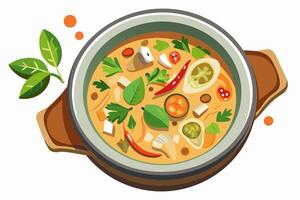 Tom Kha Gai in bowl with chicken, mushrooms in coconut milk broth. Traditional Thai coconut soup with fresh herbs. Concept of authentic Asian cuisine. Graphic illustration. Isolated on white surface vector