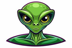 Green alien head with large eyes isolated on white background. Portrait of a humanoid in a cartoon style. Concept of extraterrestrial, sci-fi design, space being. Graphic art vector