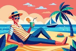 Man enjoying tropical drink on sunny beach. Guy with refreshing cocktail. Concept of summer leisure, beach relaxation, vacation vibes. Graphic illustration. Print, design vector