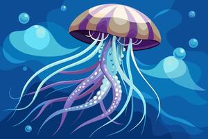 Jellyfish with flowing tentacles swimming in the ocean. Concept of ocean animal, sea creature. Graphic illustration. Print vector