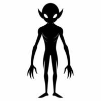 negro silueta de un extraterrestre aislado en blanco antecedentes. humanoide cifra. gráfico Arte. concepto de extraterrestre, ciencia ficción diseño, espacio personaje. icono, imprimir, pictograma, diseño elemento vector