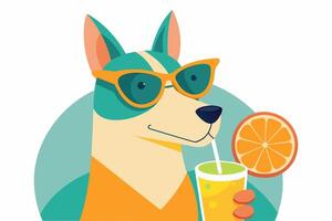 Smiling dog in sunglasses with tropical cocktail. Puppy with fruit soft drink. Concept of summer fun, leisure, vacation vibes. Isolated on white background. Print. Design element. Graphic illustration vector