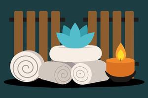 Elegant spa setting with lit candles, flowers, towels. Calming wellness retreat for relaxation. Concept of luxury Thai spa, tranquility, indulgence. Graphic illustration. Print, design element vector