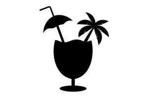 silueta diseño de un tropical cóctel vaso con paraguas decoración. icono de playa beber. negro ilustración aislado en blanco antecedentes. imprimir, logo, pictograma. concepto de vacaciones, playa bebidas vector