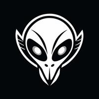 blanco silueta de extraterrestre cabeza aislado en negro antecedentes. humanoide concepto de extraterrestre, ciencia ficción diseño, espacio ser. gráfico Arte. icono, imprimir, pictograma, logo, diseño elemento vector