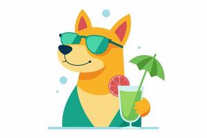 Smiling dog in sunglasses with tropical cocktail. Puppy with fruit soft drink. Concept of summer fun, leisure, vacation vibes. Isolated on white background. Print. Design element. Graphic illustration vector