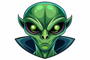 Green alien head with large eyes isolated on white background. Portrait of a humanoid in a cartoon style. Concept of extraterrestrial, sci-fi design, space being. Graphic art vector