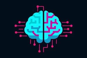 Futuristic brain in neon colors. Glowing brain in network setting. Concept of artificial intelligence, human intelligence, brainpower. Isolated on dark blue backdrop Print. Design. Graphic art vector