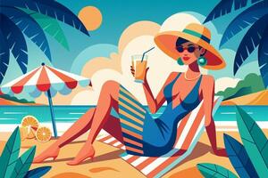 Woman enjoying tropical drink on sunny beach. Young lady with refreshing cocktail. Concept of summer leisure, beach relaxation, vacation vibes. Graphic illustration. Print, design vector