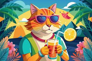 Cat in sunglasses enjoying fruit cocktail in tropical setting. Smiling Feline with soft drink. Concept of summer vibes, refreshing drink, exotic beverage, vacation. Design. Print. illustration vector