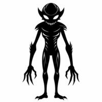 negro silueta de un extraterrestre aislado en blanco antecedentes. humanoide cifra. gráfico Arte. concepto de extraterrestre, ciencia ficción diseño, espacio personaje. icono, imprimir, pictograma, diseño elemento vector