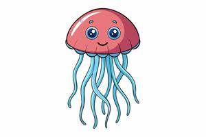 Funny smiling Jellyfish with flowing tentacles. Oceanic medusa. Concept of ocean animal, sea creature. Graphic illustration. Print, icon, element for design. Isolated on white background vector