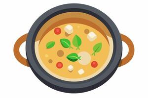 Tom Kha Gai in bowl with chicken, mushrooms in coconut milk broth. Traditional Thai coconut soup with fresh herbs. Concept of authentic Asian cuisine. Graphic illustration. Isolated on white vector