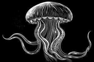 White silhouette of Jellyfish with flowing tentacles. Oceanic medusa. Concept of ocean animal, sea creature. Graphic illustration. Print, element for design. Isolated on black background vector