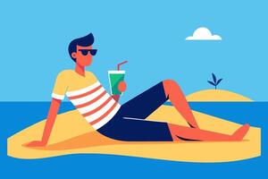 Man enjoying tropical drink on sunny beach. Guy with refreshing cocktail. Concept of summer leisure, beach relaxation, vacation vibes. Simple Graphic illustration. Print, design vector