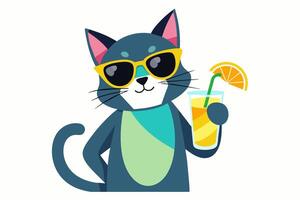 Cat in sunglasses enjoying fruit cocktail. Isolated on white backdrop. Smiling Feline with soft drink. Concept of summer vibes, exotic beverage, vacation. Print. Design element. Graphic art vector