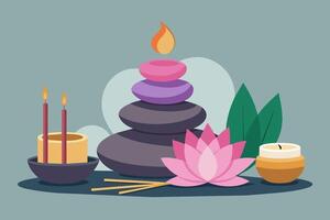 Zen spa arrangement with stacked stones, candles, and lotus flowers. Peaceful spa setting illustration. Concept of relaxation, meditation, spa decor, tranquil environment. Graphic art vector