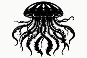 Black silhouette of Jellyfish with flowing tentacles. Oceanic medusa. Concept of ocean animal, sea creature. Graphic illustration. Print, icon, logo, element for design. Isolated on white background vector