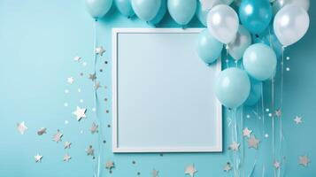 blue balloon birthday party frame, ai photo