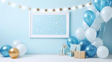 blue balloon birthday party frame, ai photo