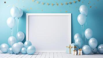 blue balloon birthday party frame, ai photo