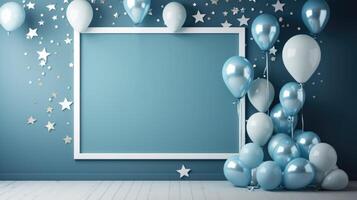 blue balloon birthday party frame, ai photo