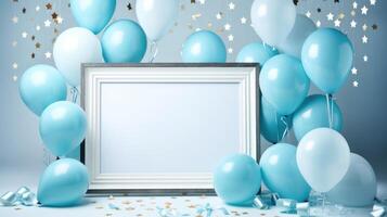 blue balloon birthday party frame, ai photo