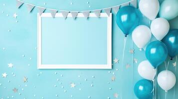 blue balloon birthday party frame, ai photo