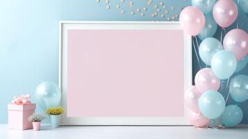 gender reveal birthday party frame blue and pink balloons, ai photo