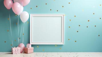 gender reveal birthday party frame blue and pink balloons, ai photo