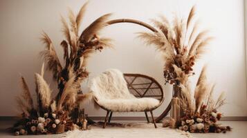 boho wedding indoor macrame rug arch room, ai photo